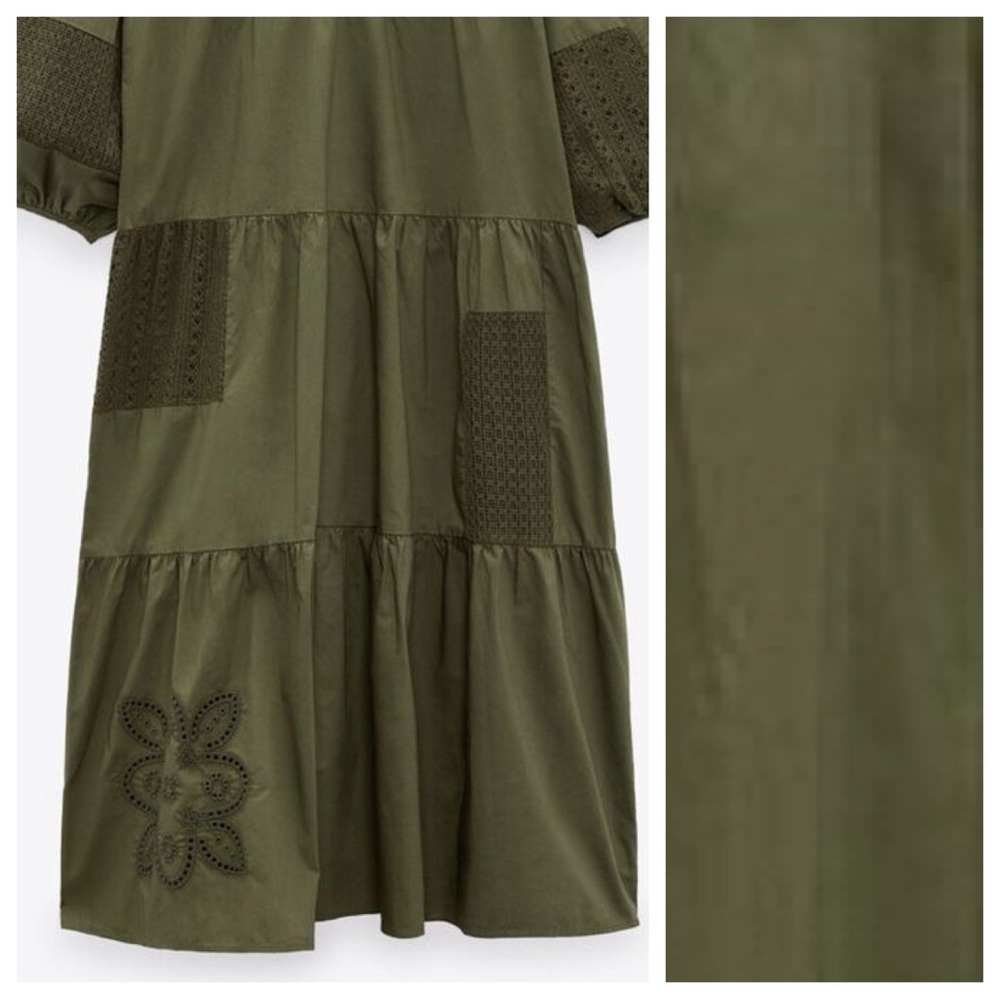 Zara Olive Patchwork V-Neck Tiered Midi Dress - Picture 11 of 16